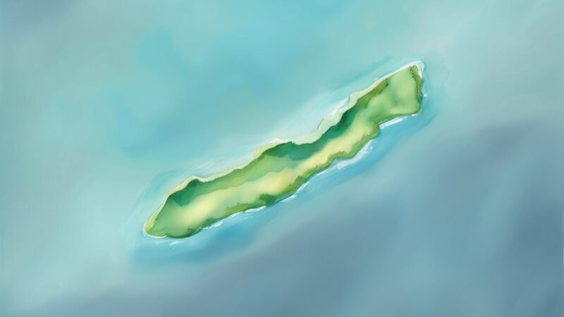 An image of Cocos Island, painted in watercolors. Cocos Island-North Pacific Ocean.