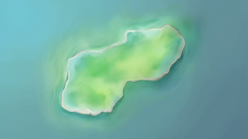 An image of Pulau Adanar, painted in watercolors. Pulau Adanar-Indian Ocean.