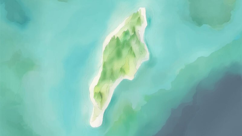 An image of Pulau Frinun, painted in watercolors. Pulau Frinun-South China Sea.