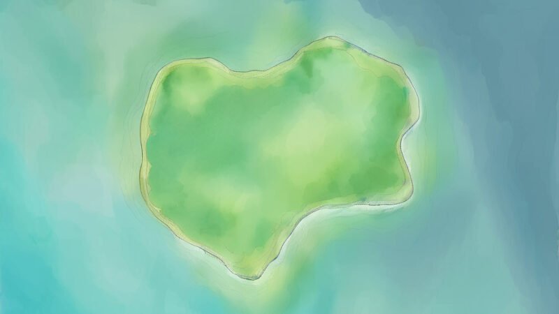 An image of Pulau Intala, painted in watercolors. Pulau Intala-North Pacific Ocean.