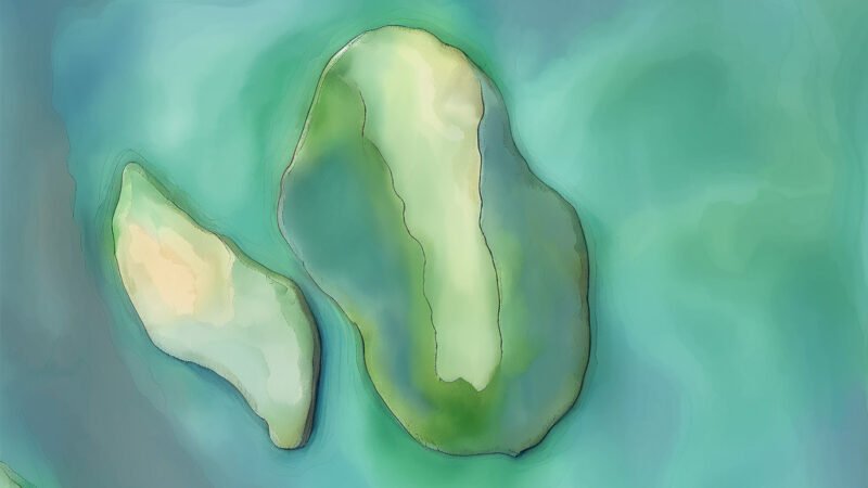 An image of Pulau Ipet, painted in watercolors. Pulau Ipet-South China Sea.