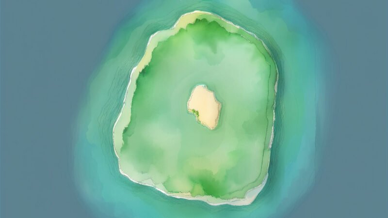 An image of Pulau Kabawa, painted in watercolors. Pulau Kabawa-South China Sea.