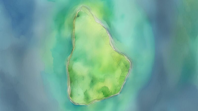 An image of Pulau Kakarutan, painted in watercolors. Pulau Kakarutan-North Pacific Ocean.