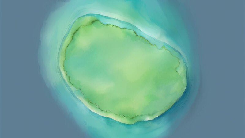 An image of Pulau Kalbur, painted in watercolors. Pulau Kalbur-South China Sea.