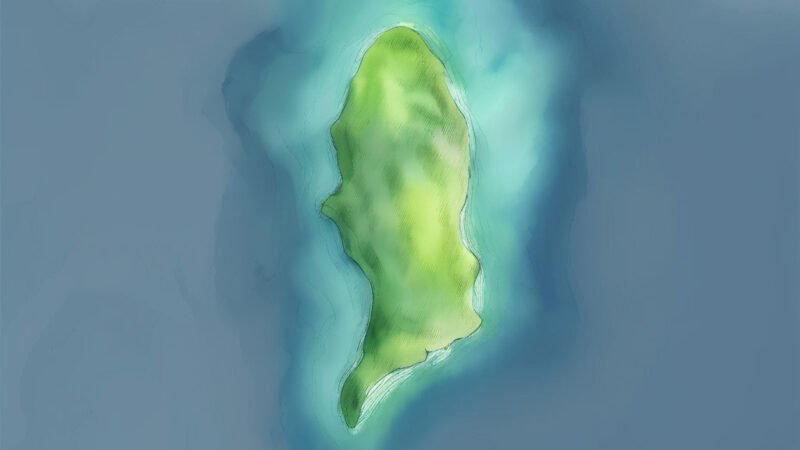 An image of Pulau Kemboling, painted in watercolors. Pulau Kemboling-North Pacific Ocean.