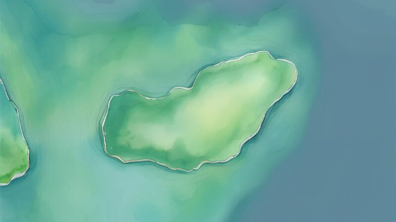 An image of Pulau Kore, painted in watercolors. Pulau Kore-Indian Ocean.