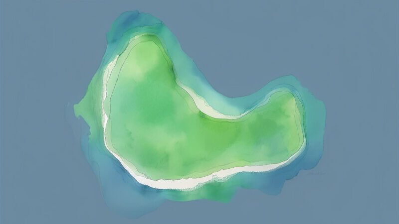 An image of Pulau Mitan, painted in watercolors. Pulau Mitan-South China Sea.