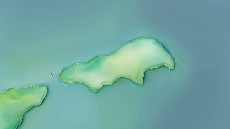 An image of Pulau Nuan, painted in watercolors. Pulau Nuan-Indian Ocean.