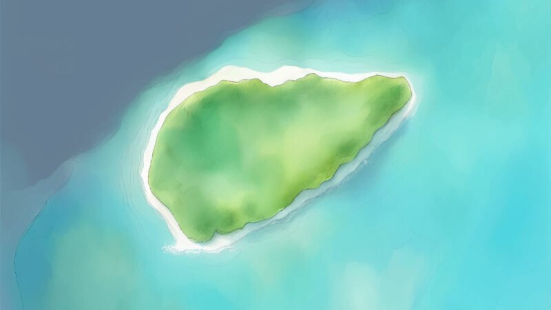 An image of Pulau Nukaha, painted in watercolors. Pulau Nukaha-Indian Ocean.