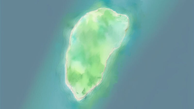 An image of Pulau Nustabun, painted in watercolors. Pulau Nustabun-Indian Ocean.