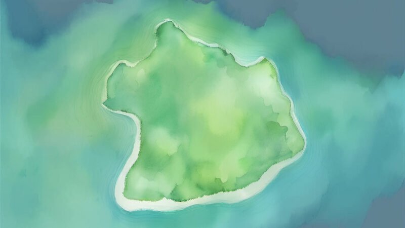 An image of Pulau Sukeler, painted in watercolors. Pulau Sukeler-South China Sea.