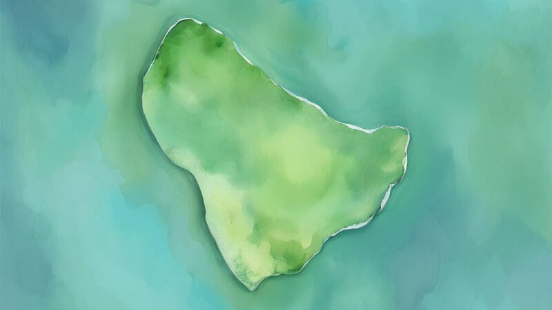 An image of Pulau Wermatan, painted in watercolors. Pulau Wermatan-South China Sea.